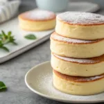 stack of fluffy Japanese soufflé pancakes on gray tabletop