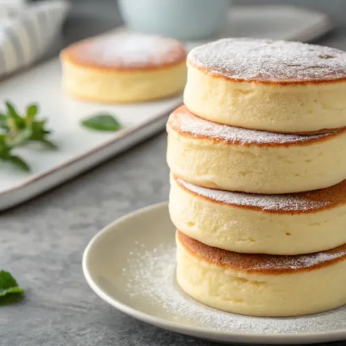 stack of fluffy Japanese soufflé pancakes on gray tabletop