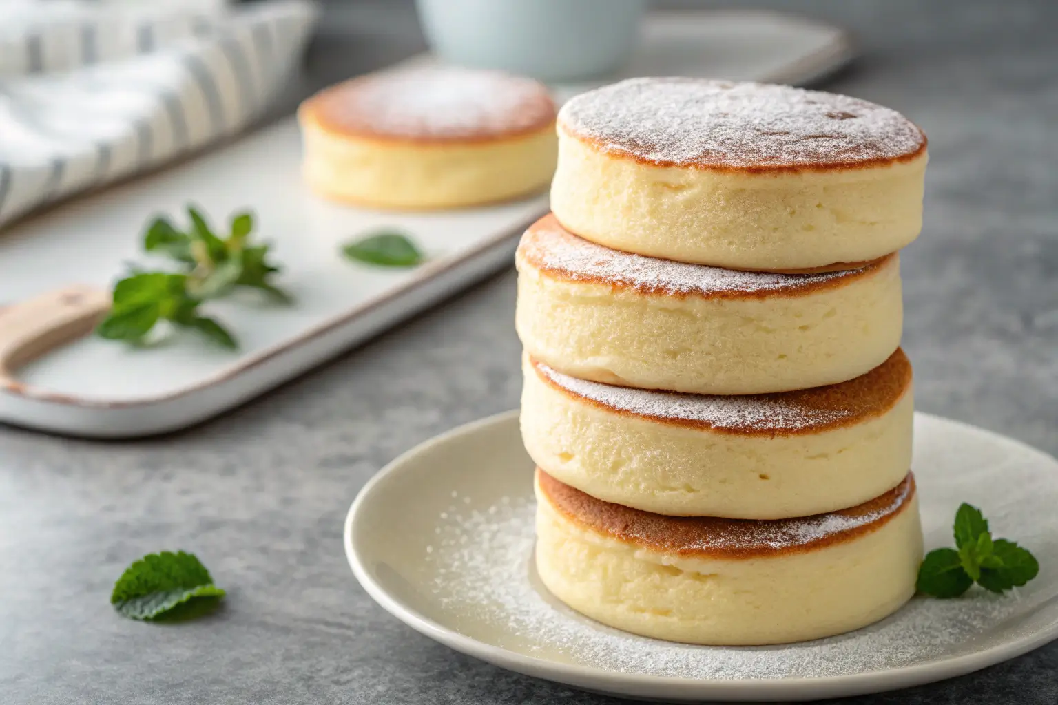 stack of fluffy Japanese soufflé pancakes on gray tabletop