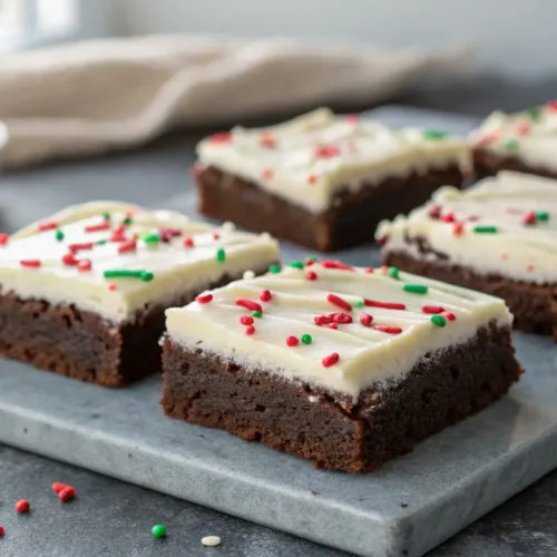 Frosted Christmas Brownies Recipe for Easy Dessert Recipes Christmas 2 Frosted Christmas brownies with colorful sprinkles on gray tabletop