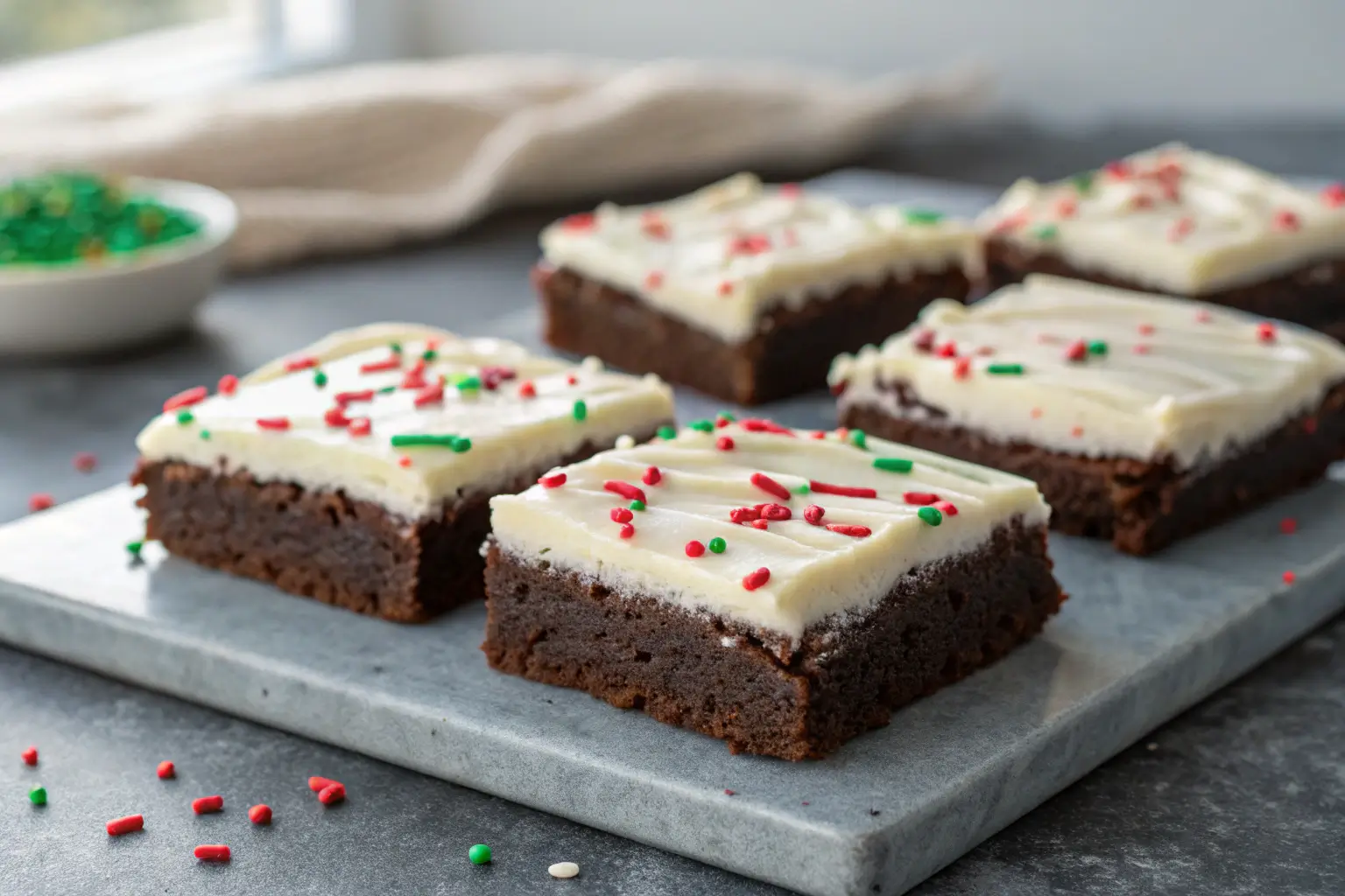 Frosted Christmas brownies with colorful sprinkles on gray tabletop