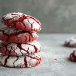 Fudgy red velvet crinkle cookies with powdered sugar coating stacked on gray surface