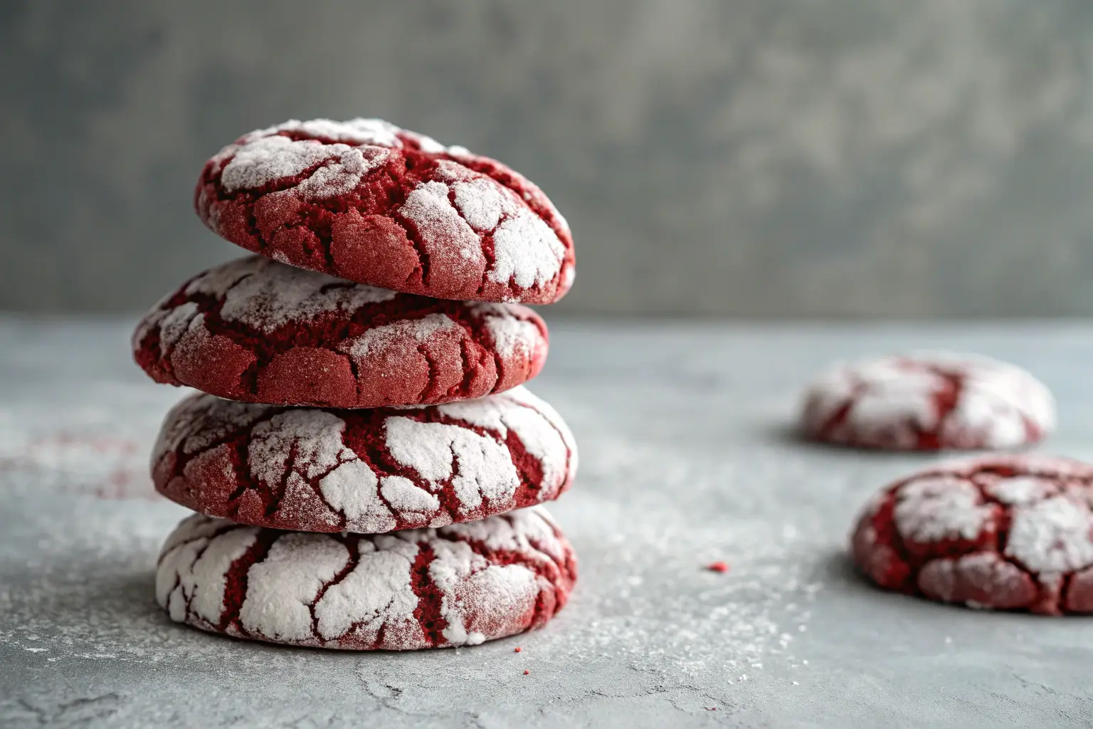 Fudgy red velvet crinkle cookies with powdered sugar coating stacked on gray surface