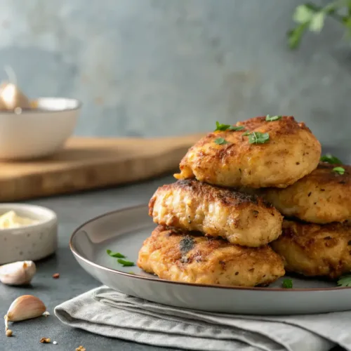 golden garlic Parmesan chicken thighs with crispy skin close-up