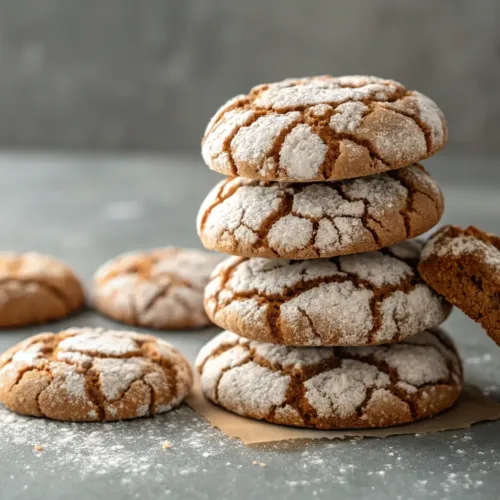 Gingerbread crinkle cookies with powdered sugar on gray background