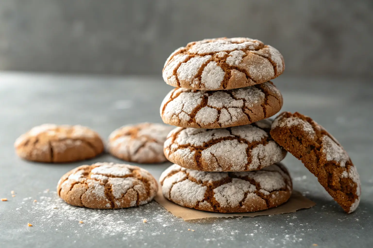 Gingerbread crinkle cookies with powdered sugar on gray background