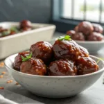 Grape jelly meatballs coated in barbecue sauce on gray background