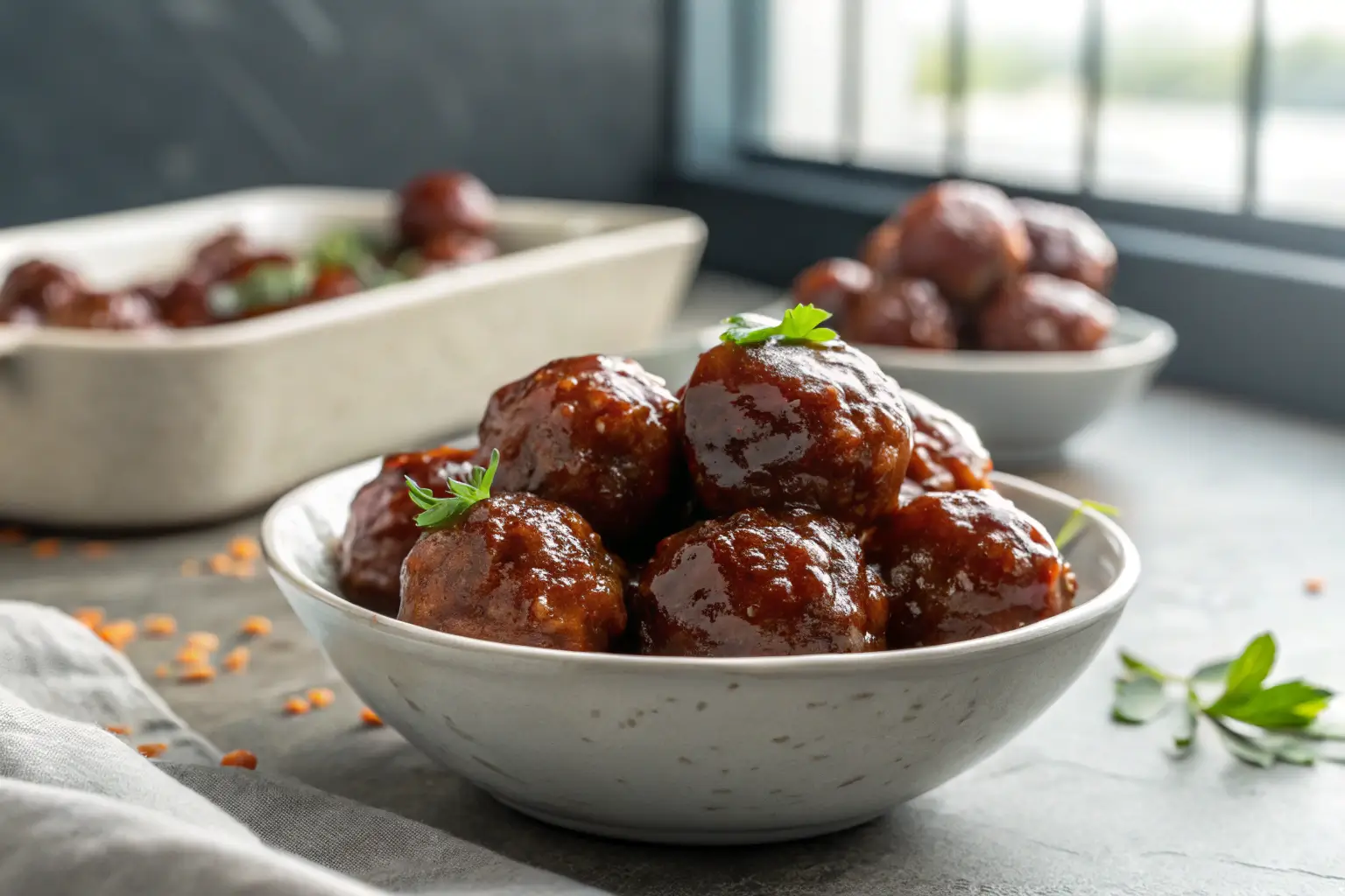 Grape jelly meatballs coated in barbecue sauce on gray background