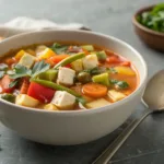 Greek vegetable soup with colorful fresh vegetables in a bowl