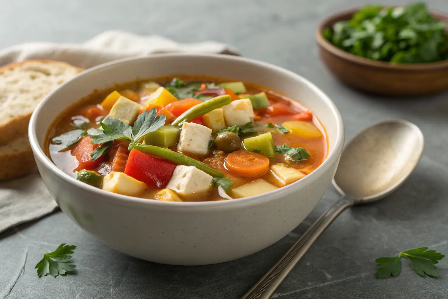 Greek vegetable soup with colorful fresh vegetables in a bowl