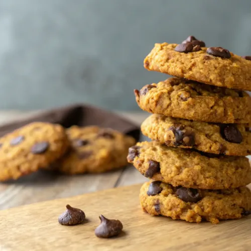 stack of healthy pumpkin oat cookies with chocolate chips on wood table