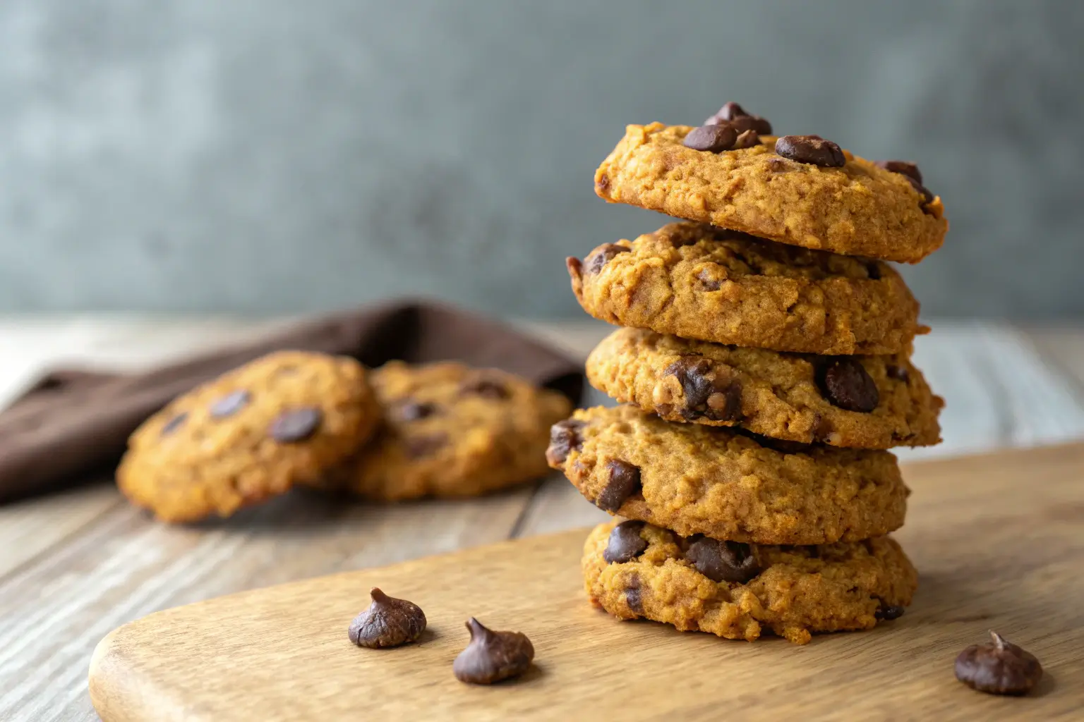 stack of healthy pumpkin oat cookies with chocolate chips on wood table