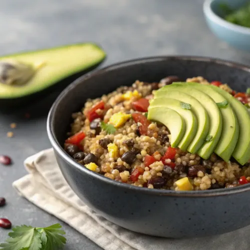 quinoa black bean skillet with avocado slices on gray background