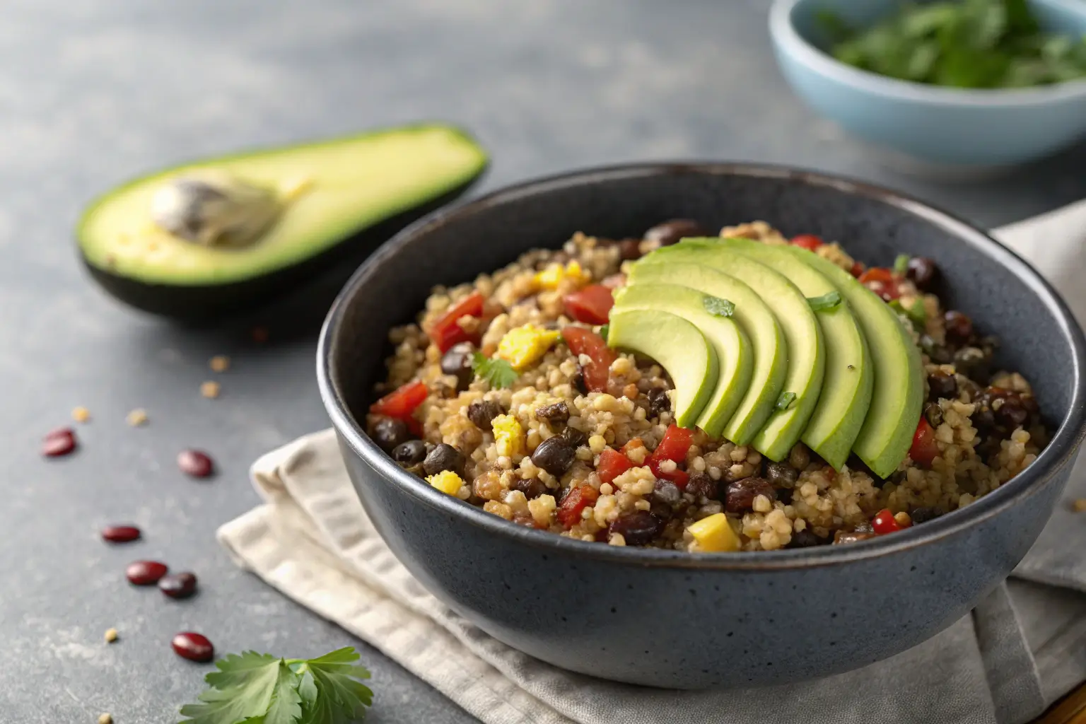 quinoa black bean skillet with avocado slices on gray background