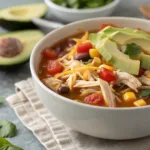 Chicken taco soup with cheese, avocado, and cilantro in bowl