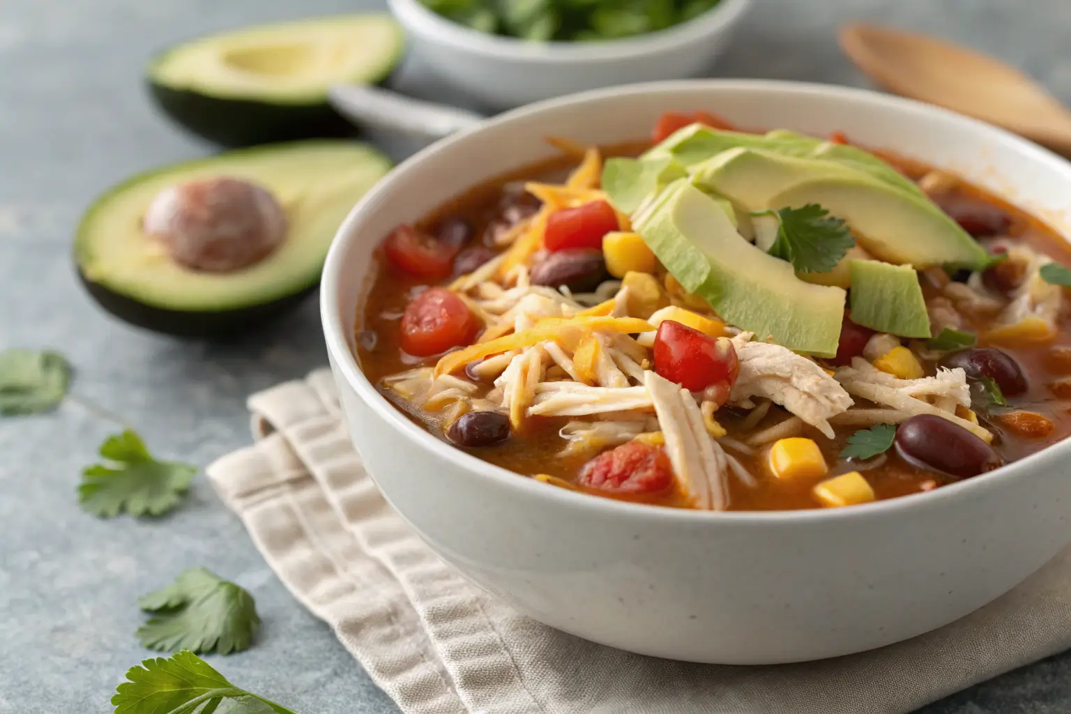 Chicken taco soup with cheese, avocado, and cilantro in bowl