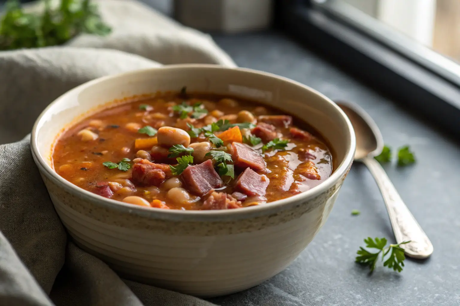 bowl of homemade bean and ham soup with diced vegetables