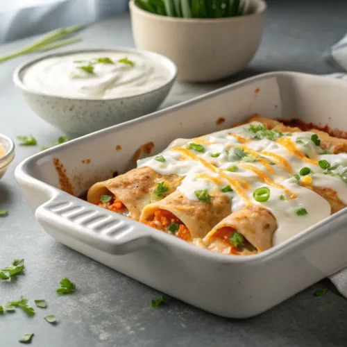 High-Protein Chicken Enchiladas with Creamy White Sauce 2 high-protein chicken enchiladas with creamy white sauce on gray background