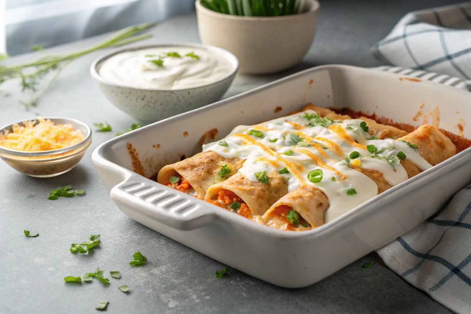 high-protein chicken enchiladas with creamy white sauce on gray background
