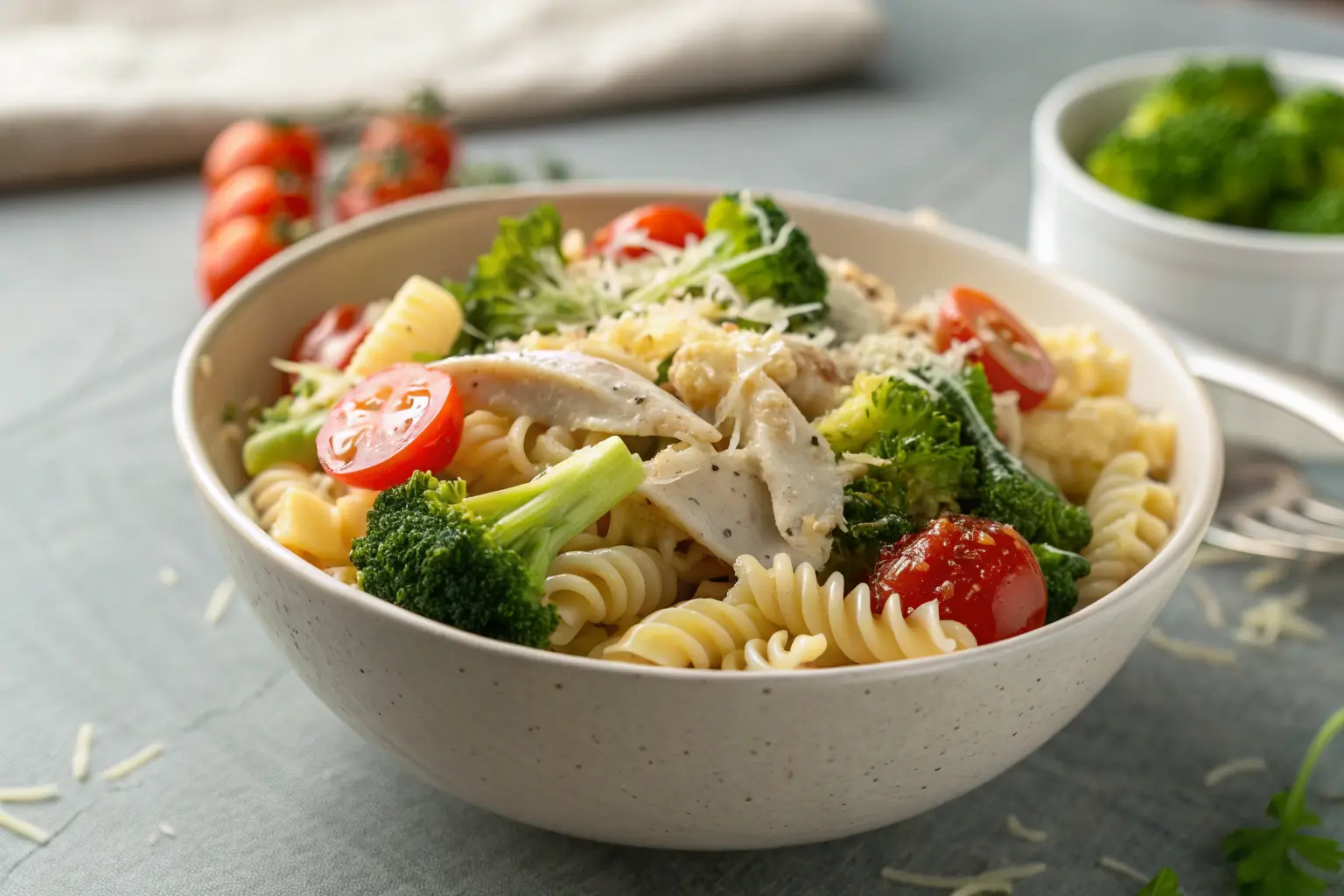 Rotini pasta with rotisserie chicken, broccoli, cherry tomatoes, and Parmesan cheese