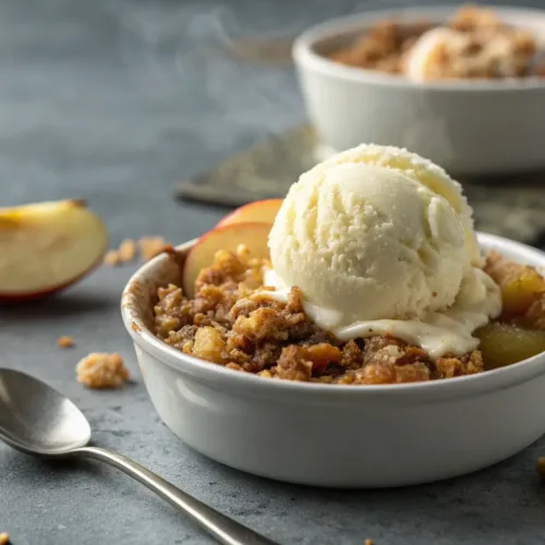 Warm apple crisp topped with melting vanilla ice cream close-up