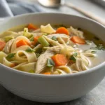 bowl of homemade chicken noodle soup with chicken and vegetables
