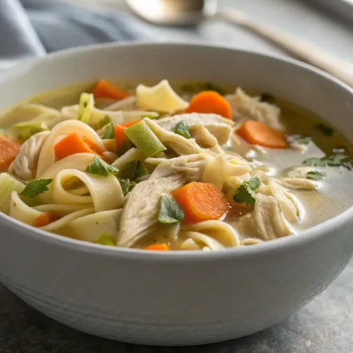 bowl of homemade chicken noodle soup with chicken and vegetables