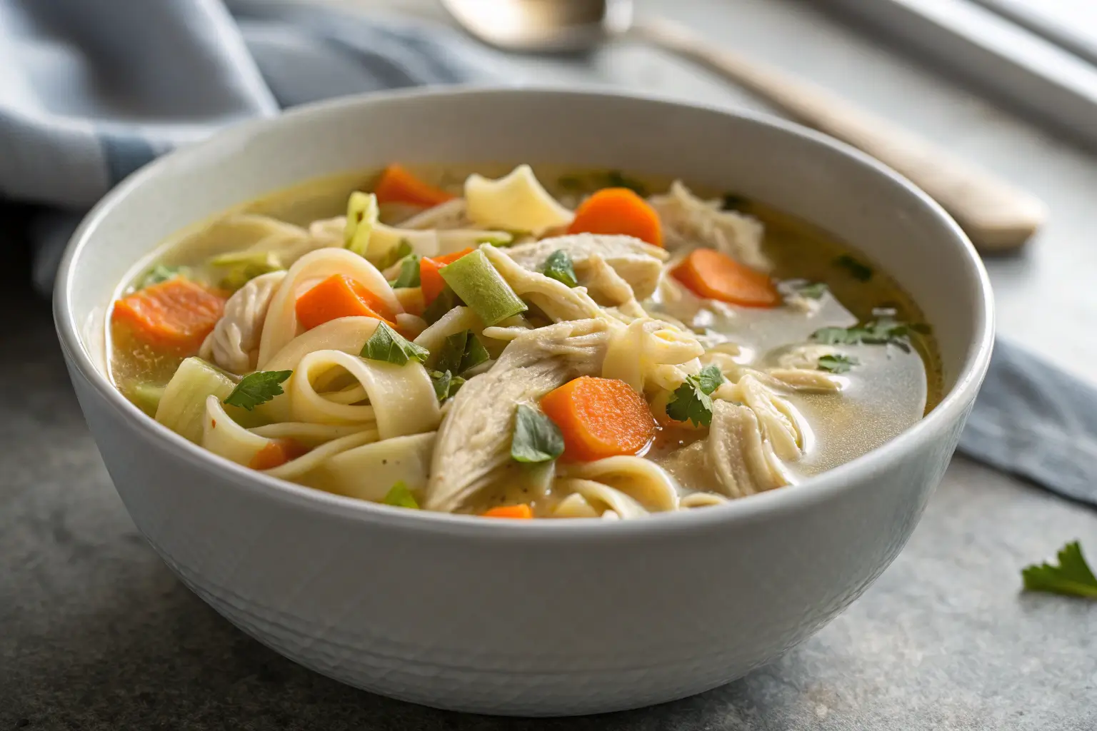 bowl of homemade chicken noodle soup with chicken and vegetables