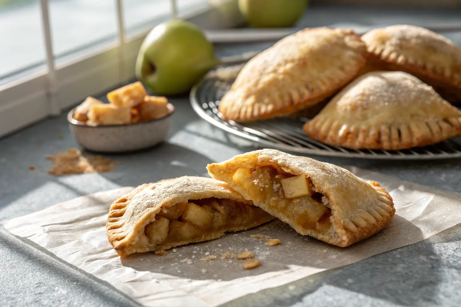 golden brown homemade fried pies with apple filling on gray tabletop