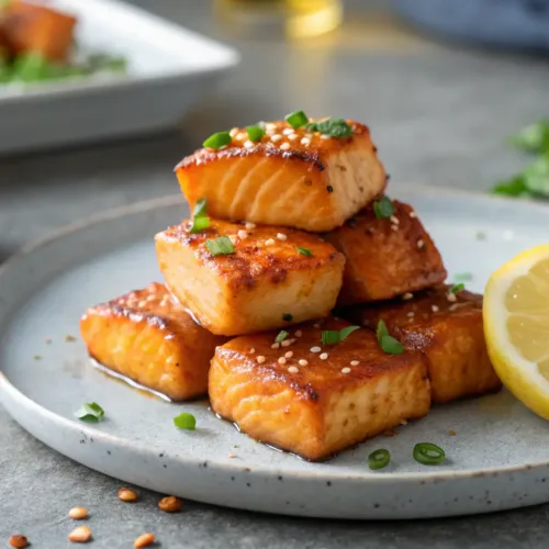 salmon recipes โ Honey Garlic Salmon Bites Bowl Recipe 2 Honey garlic salmon bites with sesame seeds and green onions on gray tabletop