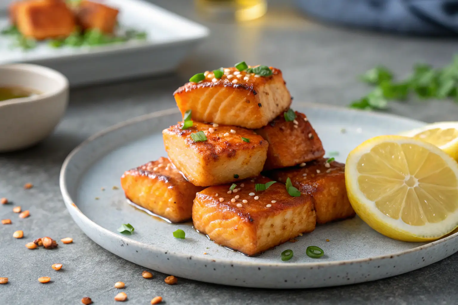 Honey garlic salmon bites with sesame seeds and green onions on gray tabletop