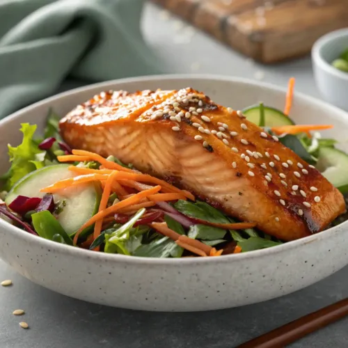 baked fish recipes โ Honey Glazed Salmon Bowls with Asian Salad 2 Honey glazed salmon fillet on Asian salad with sesame seeds
