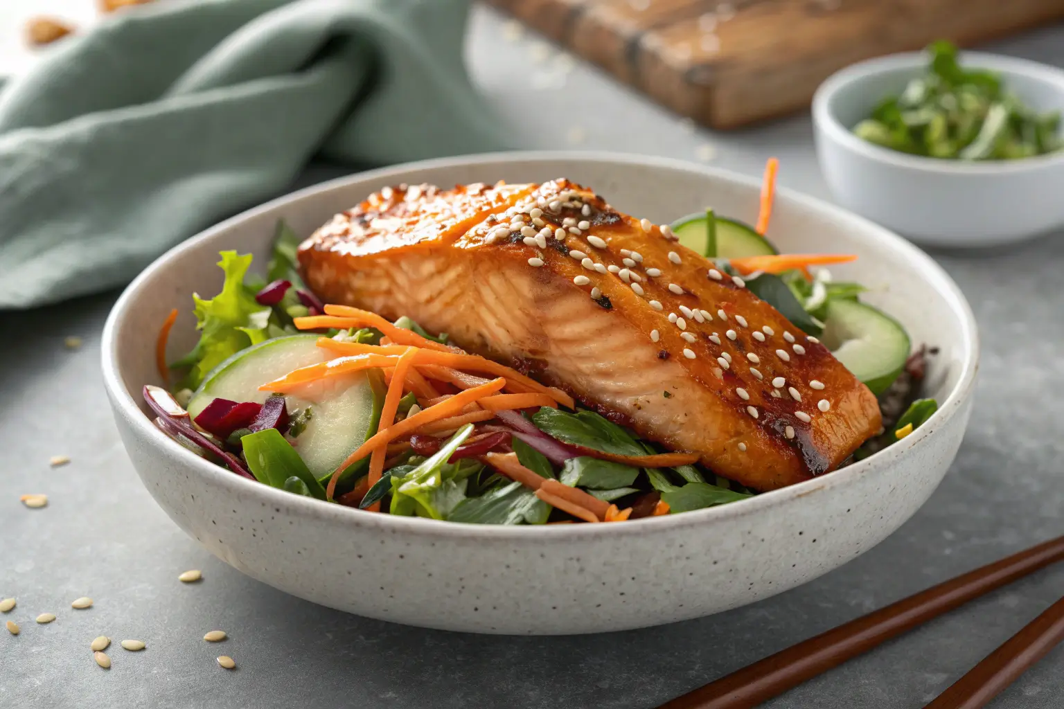 Honey glazed salmon fillet on Asian salad with sesame seeds