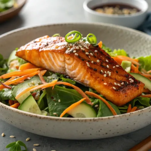 asian recipes โ Honey Sriracha Salmon Bowls with Asian Salad 2 Honey sriracha glazed salmon on Asian salad bowl close-up
