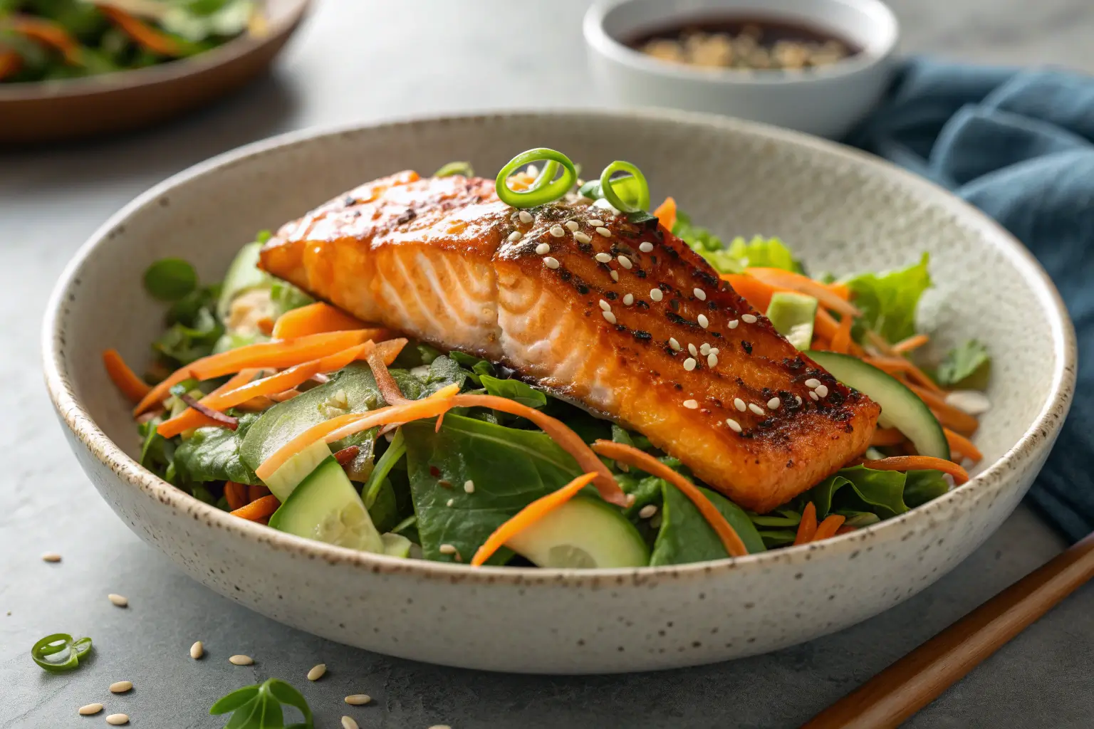 Honey sriracha glazed salmon on Asian salad bowl close-up