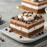 layered hot chocolate lasagna dessert with marshmallows and chocolate chips