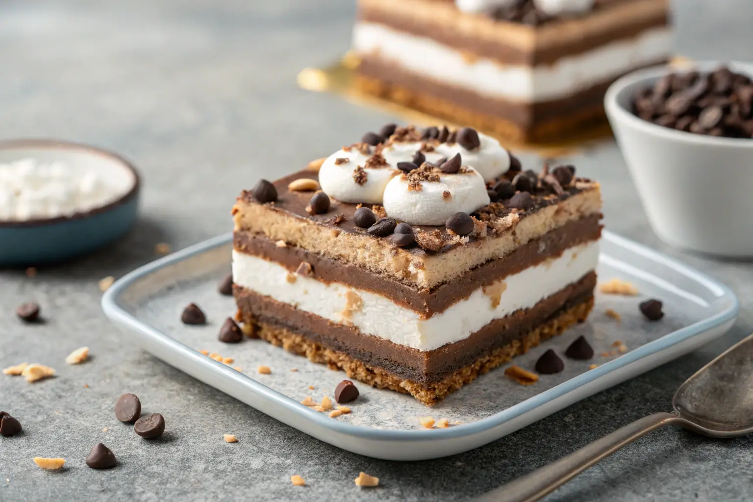 layered hot chocolate lasagna dessert with marshmallows and chocolate chips