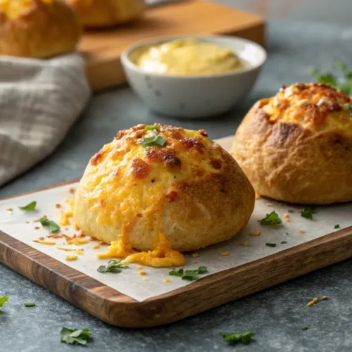 Irresistible Baked Crab Bombs: Easy Seafood Appetizer Recipe 2 baked crab bombs with melted cheddar cheese topping