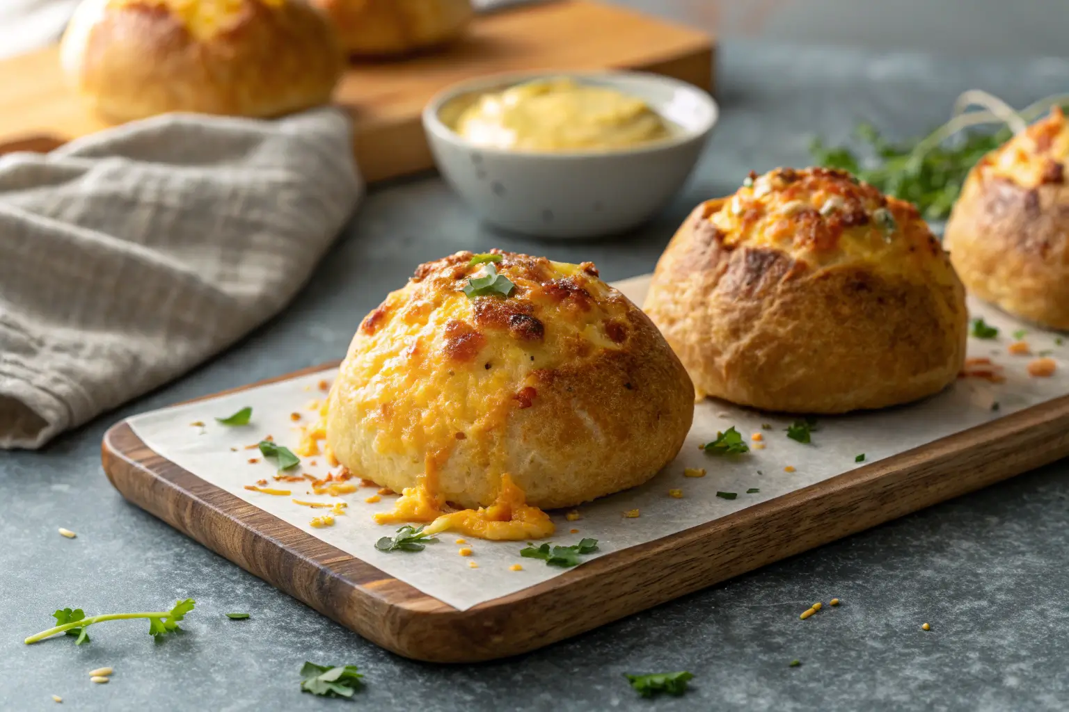 baked crab bombs with melted cheddar cheese topping