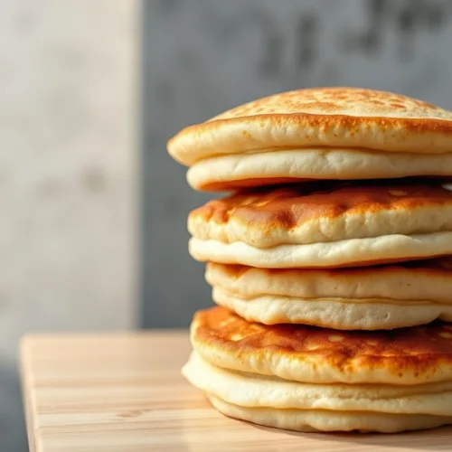 Stack of three Japanese fluffy pancakes with syrup on wood tabletop