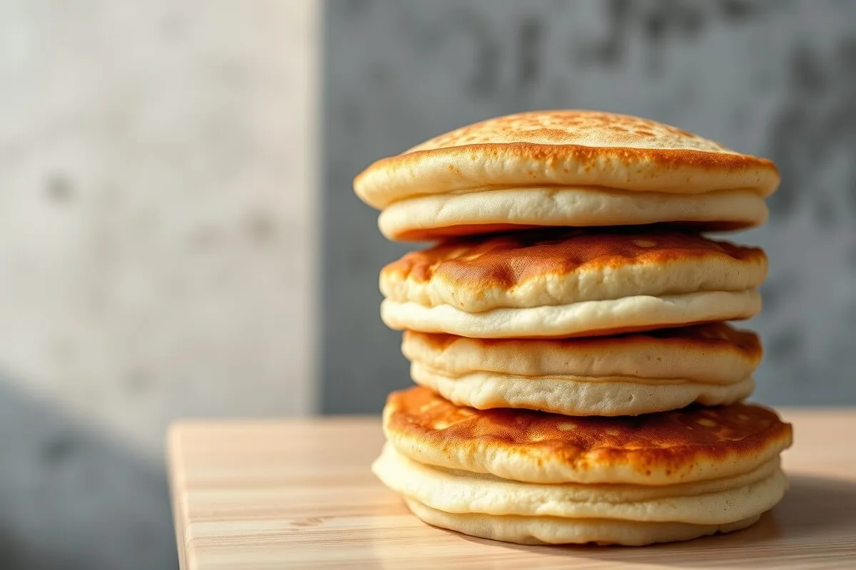 Stack of three Japanese fluffy pancakes with syrup on wood tabletop