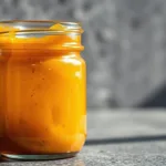 Japanese steakhouse ginger sauce in a glass jar on gray background