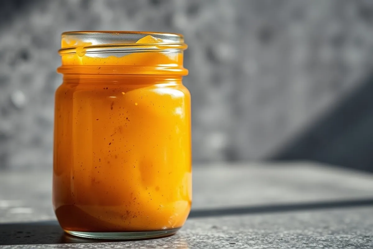 Japanese steakhouse ginger sauce in a glass jar on gray background