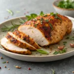 Juicy baked chicken breast with seasoning on gray background