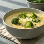 creamy keto broccoli cheese soup in bowl with broccoli florets
