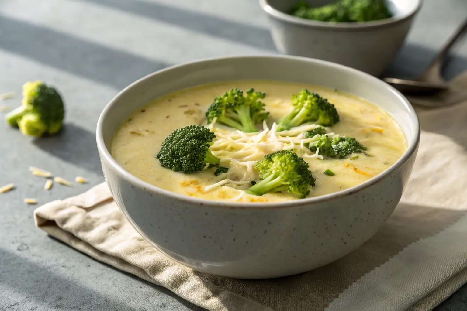 creamy keto broccoli cheese soup in bowl with broccoli florets