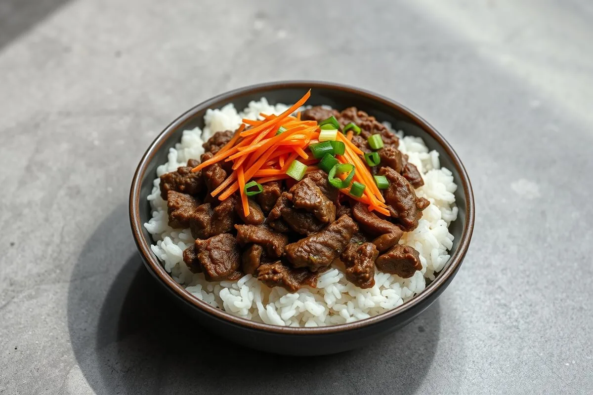 Korean ground beef bowl with rice, carrots, and green onions