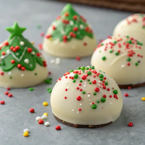 Little Debbie Christmas Tree Cake Truffles for Holiday Desserts 2 White chocolate Christmas tree cake truffles with sprinkles on gray tabletop