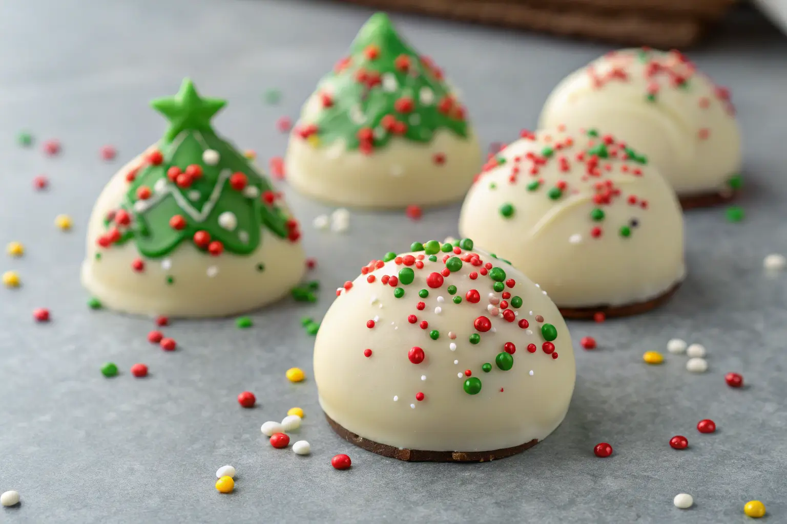 White chocolate Christmas tree cake truffles with sprinkles on gray tabletop