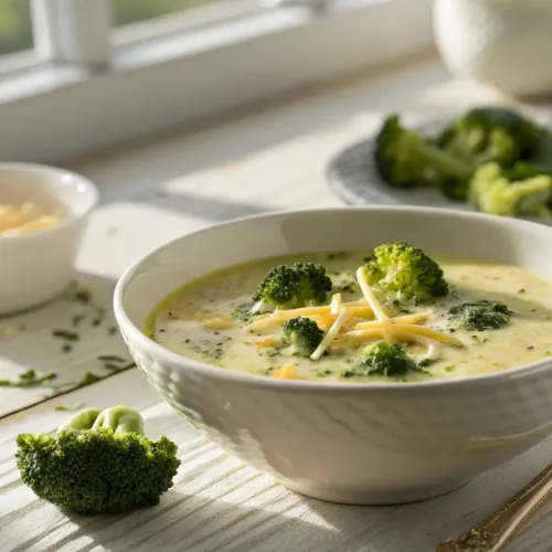 creamy low carb broccoli cheese soup in bowl close-up